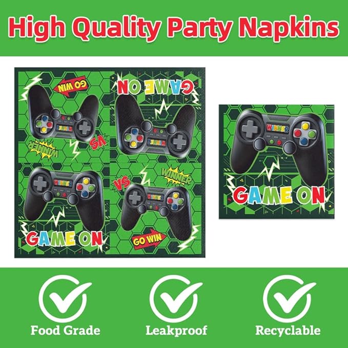 40Pcs Green Video Game Birthday Party Plates and Napkins for 20 Guests Tableware Video Game Supplies for Kids Boys Baby Shower Birthday Party Decorations