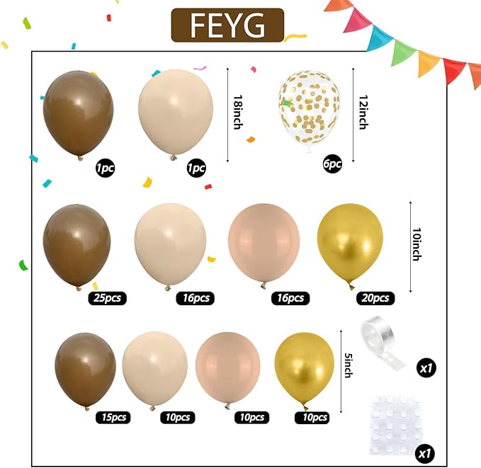 Brown Balloon Garland Arch Kit, Double Stuffed Brown Nude Cream White Balloon Metallic Gold Confetti Balloons for Neutral Gender Reveal Baby Shower Safari Birthday Party Decorations Supplies