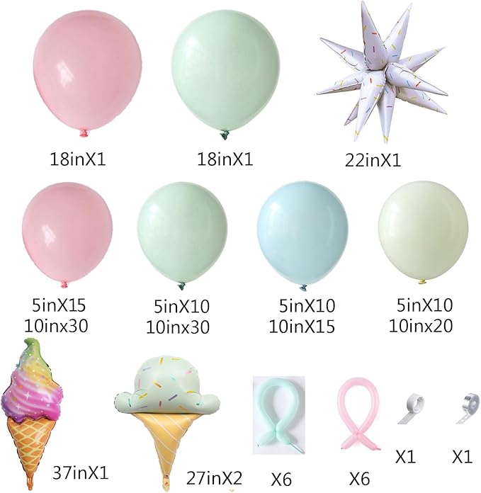 Ice Cream Balloon Arch Garland Kit,160Pcs Pastel Pink Green Yellow Blue Balloons with Ice Cream Foil Balloons for Kids Girls Birthday Baby Shower Candyland Sweet One Two Sweet Party Decorations