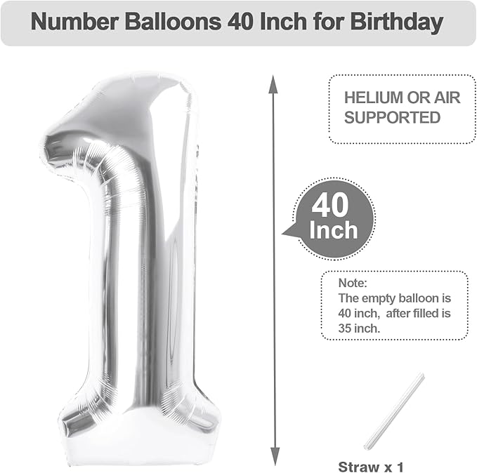 40 Inch Number 1 Balloon, Silver Balloons for Birthday Party Decoration, Foil Number 1 Ballon for 1, 10, 11, 12, 13, 21, 100 Celebration, Boy and Girl Birthday, Baby Shower, Anniversary Decor
