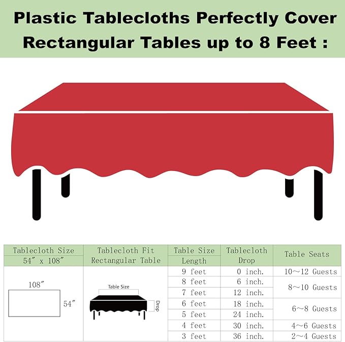 Plastic Red Tablecloths 3 Pack Disposable Table Covers 54 x 108 Inch Ruby Shine Red Table Cloths for Parties Anniversary Thanksgiving Christmas Graduation Wedding, Fits 6 to 8 Foot Rectangle Tables