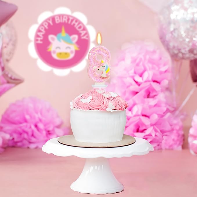 Birthday Candles - Number 8 Candle, 8th Birthday Decorations for Girl, Pink Unicorn Candles for Cake Topper, Cartoon Theme Party Supplies