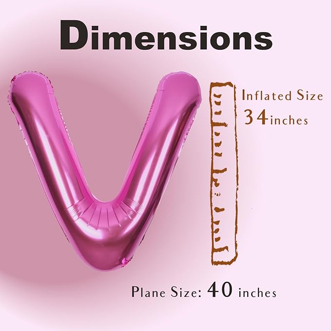 SUWEN 40 Inch Hot Pink Large V Letter Balloons Big Foil Helium Letter Balloons A-Z Jumbo Mylar Happy Birthday Party Decorations for Woman Anniversary Party Supplies