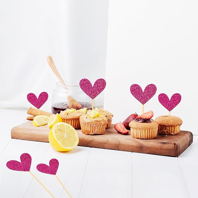 24Pcs Rose Red Heart Cupcake Toppers for Valentine's Day Decorations, Mixed Size Heart Valentine's Day Cupcake Toppers for Wedding Bridal Shower Party Decorations (Pitaya)