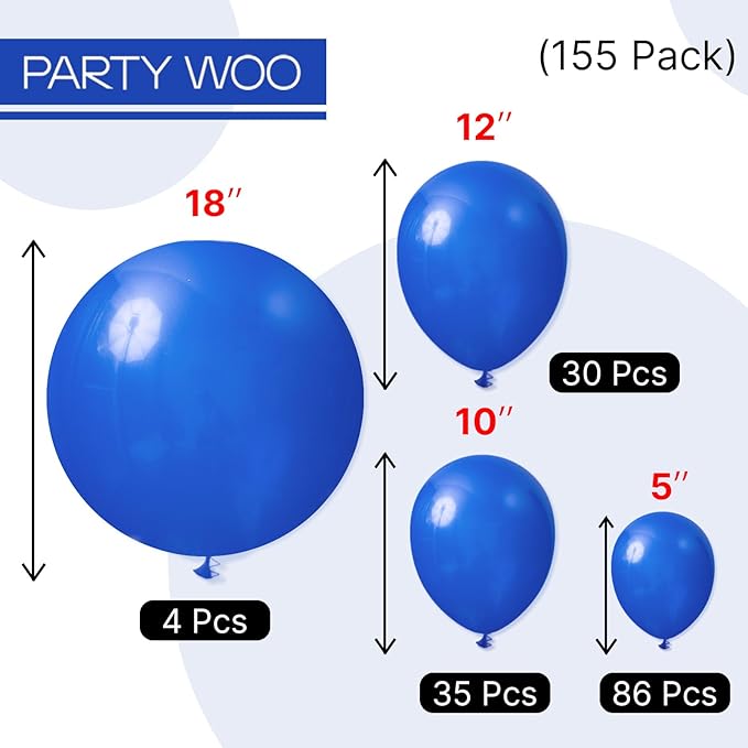 PartyWoo Royal Blue Balloons 155pcs Different Sizes Pack of 18 12 10 5 Inch Dark Blue Balloon Arch Kit for Baby Shower Gender Reveal Graduation Under The Sea Birthday Party Decorations Blue-Y59