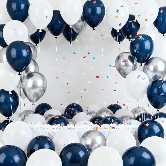 300 Pcs White Navy Blue and Silver Balloons 12 Inch Latex Assorted Color Bulk Balloon for Graduation Ceremony Birthdays Weddings Party Decorations