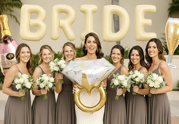 PartyForever 2 Gold Glitter Ring Bachelorette Party Balloons with 40inch Bottle Balloon and Glass Balloon Hen Party Decorations Balloons for Bridal Shower
