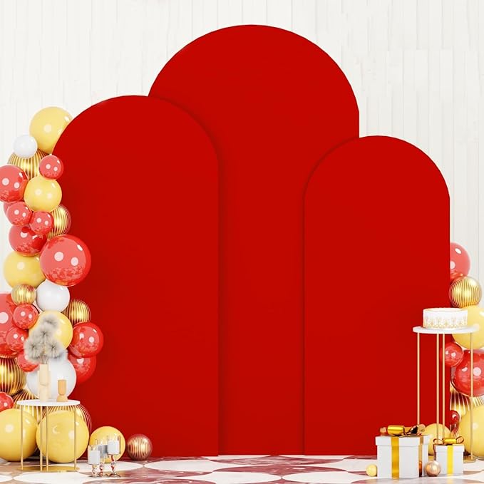 Wedding Arch Cover (7.2FT, 6.6FT, 6FT) Set of 3 Arch Backdrop Spandex Cover for Birthday Party Baby Shower Ceremony Banquet Decoration (Red, 7.2FT,6.6FT,6FT)