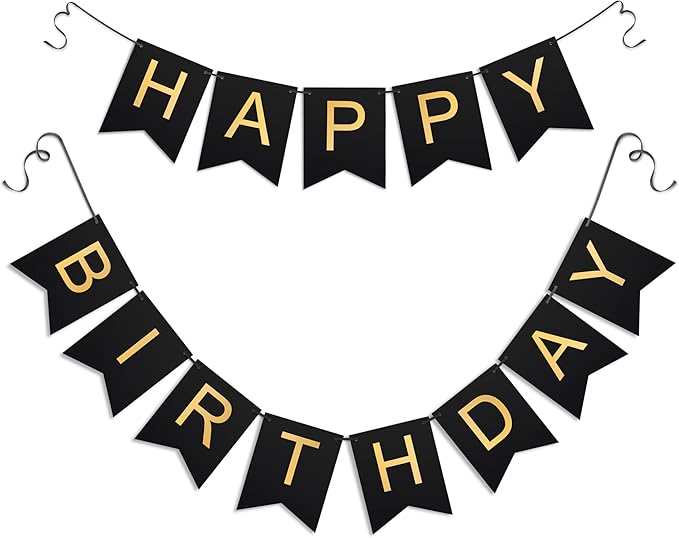 Black Happy Birthday Banner - Hanging Backdrop Sign With Gold Letters, Happy Birthday Sign Bunting Decorations For Men Women Kids Baby Shower Party Supplies (13pcs)