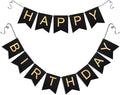 Black Happy Birthday Banner - Hanging Backdrop Sign With Gold Letters, Happy Birthday Sign Bunting Decorations For Men Women Kids Baby Shower Party Supplies (13pcs)