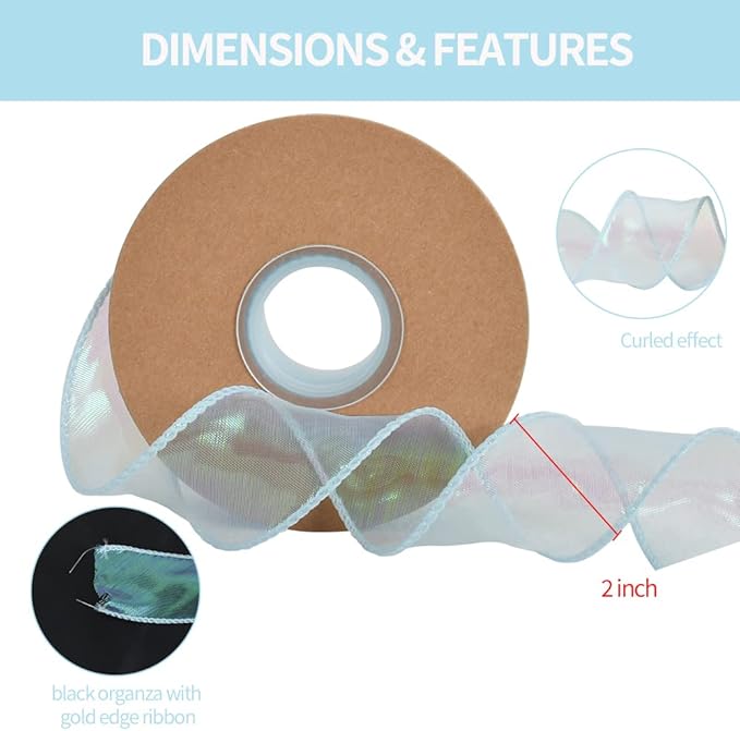 TONIFUL 1-1/2 Inch Wide Laser Light Sky Blue Wired Chiffon Ribbon Shimmer Sheer Organza Ribbons for Crafts Floral Bouquets Wedding Party Decorations Valentine's Day Gift Wrapping Bow Making (10yd)