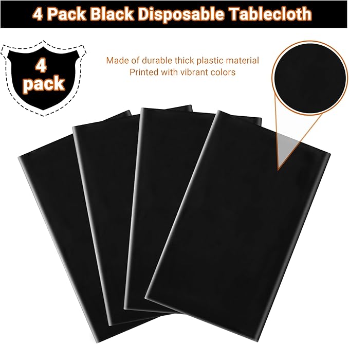 MRJ 4 Pack Black Tablecloth Rectangle Plastic Table Cloth 54 x 108 Inch Waterproof for Outdoor Picnic Holiday Party Disposable Use