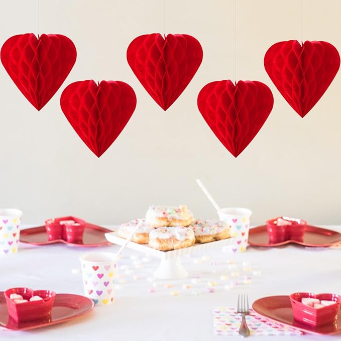 Red Valentines Day Paper Flowers Tissue Pom Poms Hearts Honeycomb Lanterns 15pcs Galentines Party Decorations Anniversary Love Birthday Wedding Baby Shower Hanging Supplies Mprocherify