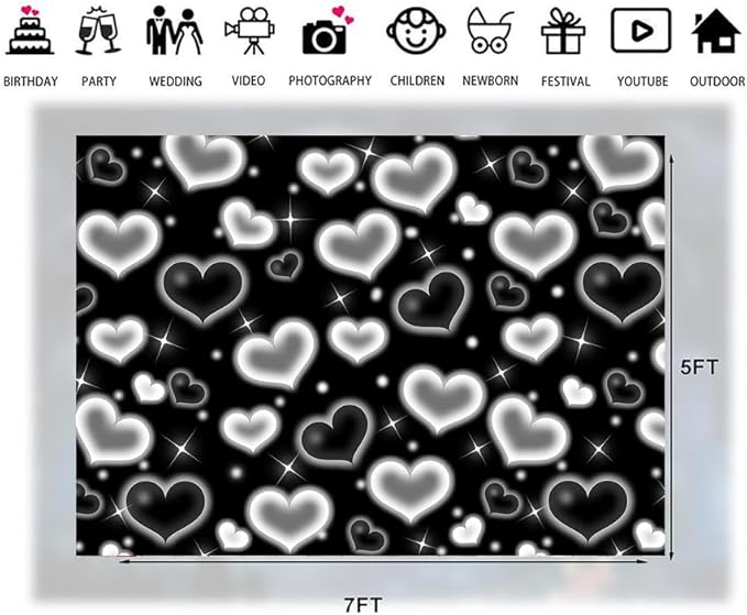 LTLYH 7×5ft Black Heart Photo Backdrop Early 2000s Party Decorations Old School Backdrops Valentine's Day Glitter Heart 16th 18th 30th Women Men 90s Happy Birthday Background Selfile Wall Decor 257
