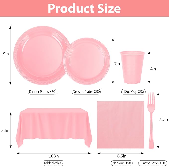 Pink Plastic Plates for Party,50 Guest Disposable Plastic Plate Set 9" Plates,7" Dessert Plates,Napkins,Cups,Forks & Tablecloth for Birthday,Wedding,Baby Shower,Girlfriends Tea Party