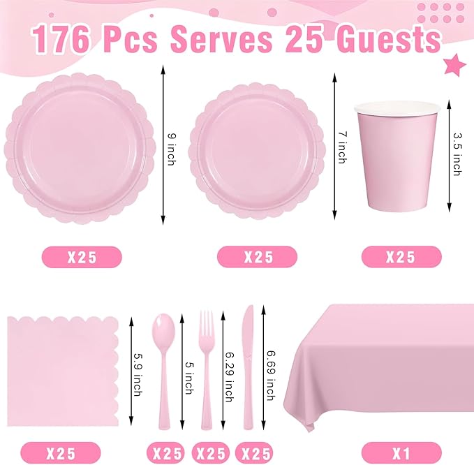 176 PCS Pink Party Decorations - Light Pink Scalloped Plates, Napkins, Cups, Cutlery, Tablecloth for Baby Shower, Wedding, Birthday Party Decorations, Serves 25