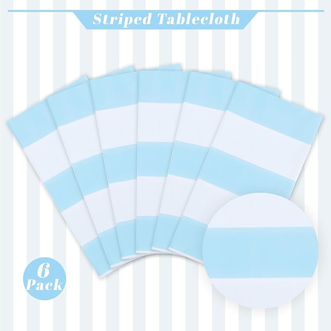 Kesfey 6 Packs Light Blue and White Vertical Striped Table Cloth 54 x 108 Inches Bluey Stripe Table Cover Disposable Plastic Beach Tablecloths Waterproof Rectangle Picnic Tablecover for Birthday Party