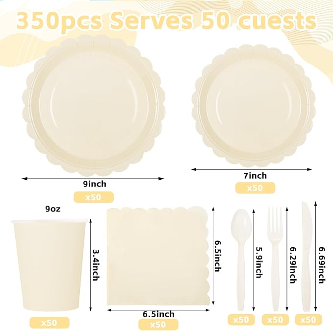 LIYH 350 Pcs Ivory Paper Plates and Napkins 50 Guest Cream Party Supplies Include Ivory Scalloped Disposable Paper Plates Cocktail Napkins Cups Spoons Forks Knives for Baby Shower,Birthday