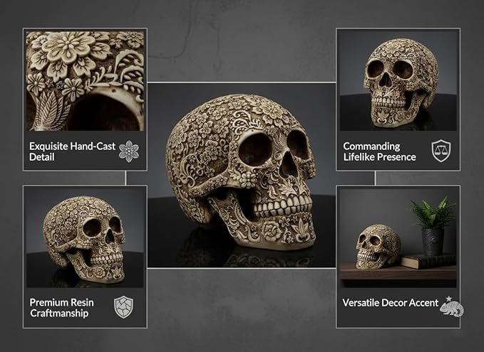 Halloween Skull Decoration - Realistic 8.2" Life Size Skeleton Head Prop for Indoor & Outdoor, Durable Plastic Skull Statue for Haunted House, Party, Gift