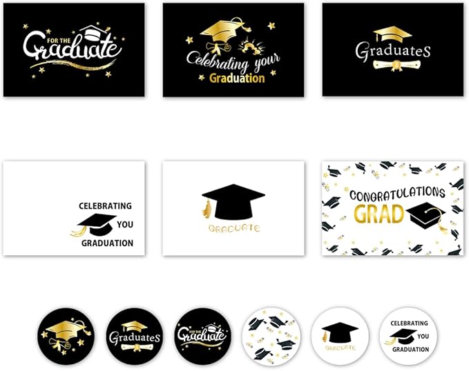 6 Pack Gold Foiled 5x7in 2025 Graduation Cards 2025 with Envelopes and Stickers,6 Elegant Designs Graduation Card Pack