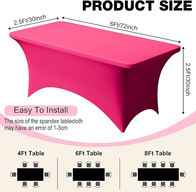 Trlyc 2 Pack 6FT Spandex Table Cloth - 72 x 30 Inch Rectangular Stretch Tablecloth, Wrinkle Resistant Scretch Table Cover for Wedding, Party, Banquet, Picnic, Outdoor Decoration (2Pcs,Fuchsia)