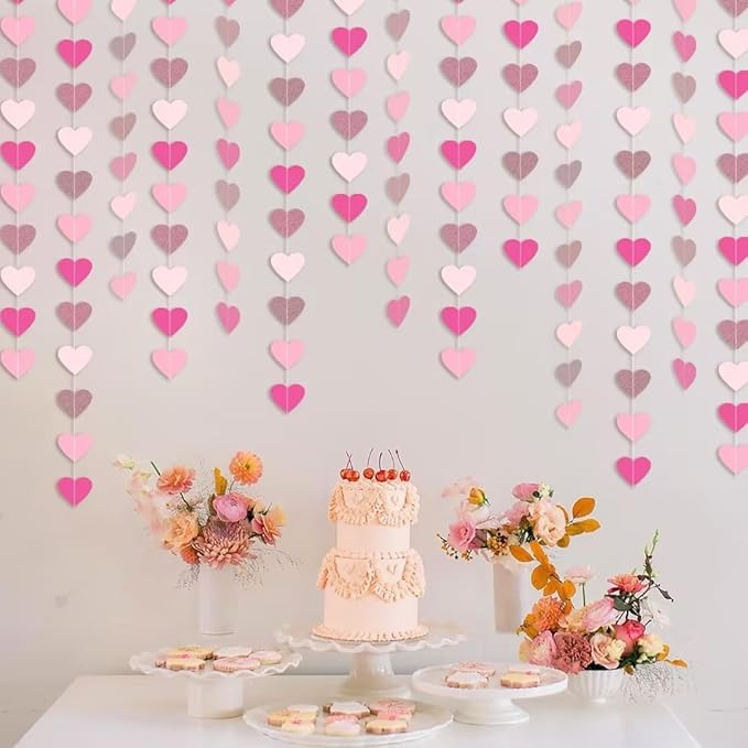Hot-Pink Rose-Gold Heart Garland Hanging Decorations, 52 Feet, Hanging Streamers for Valentine, Wedding, Birthday Parties, Mother's Day, Bridal Showersal, Bachelorette Party (Hot-Pink Rose-Gold)