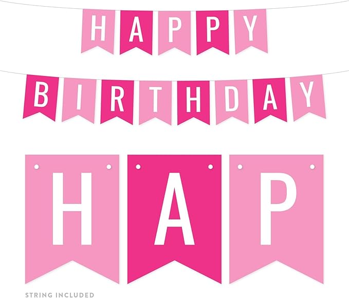 Andaz Press Hanging Pennant Banner Party Decorations, Pink, Fuchsia Hot Pink, Happy Birthday, 1-Pack, Approx. 5-Feet, Girl Princess Sweet 16 Mis Quince Quinceanera Colored Supplies