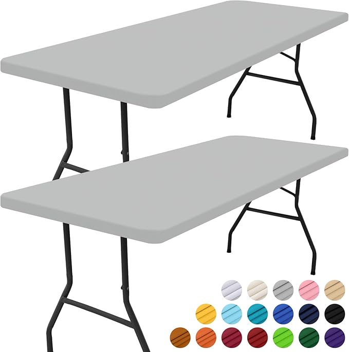 Smiry 2 Pack Rectangle Picnic Table Cloth, Waterproof Elastic Fitted Tablecloths, Washable Polyester Rectangular Patio Table Cover for Camping, Indoor and Outdoor (Light Grey, 30"x72")