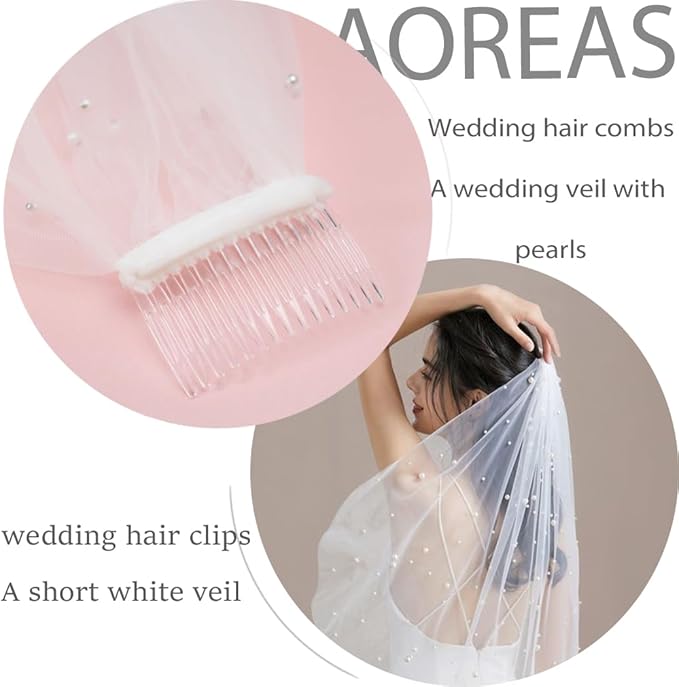 White Short Wedding Veil Pearl Rhinestone Bride Veils Bridal Veils Bachelorette Party Veil for Brides and Women