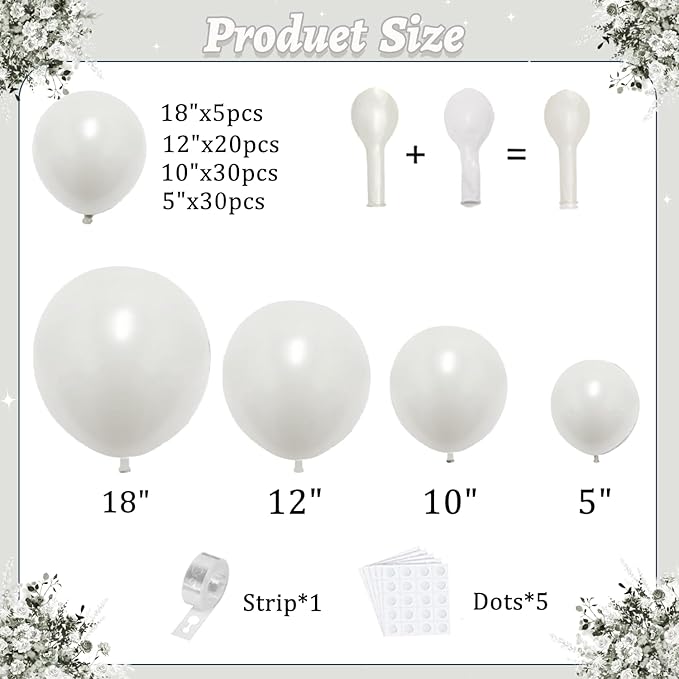 Pearl White Balloon Arch Kit,Double Stuffed Pastel White Cream Ivory Balloons Garland Kit Different Sizes 18/12/10/5 inch White Latex Balloon for Wedding Birthday Bridal Shower Party Decorations