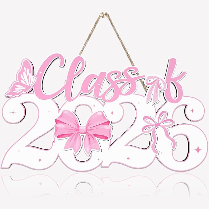 Pink Bow Class of 2026 Wood Signs Graduation Decorations 2026 Wooden Sign Congrats Grad Photo Booth Props for Graduation Party Decorations Wood Cutout College High School Party Supplies