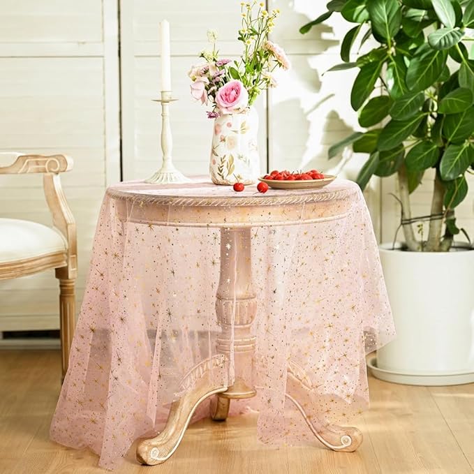 Horaldaily Pink Gold Sparkling Star Gauze Tablecloth 60x84 Inch Rectangular, Golden Star Sequin Glitter Metallic Foil, Sheer Tulle Cheesecloth for Wedding Baby Shower Party
