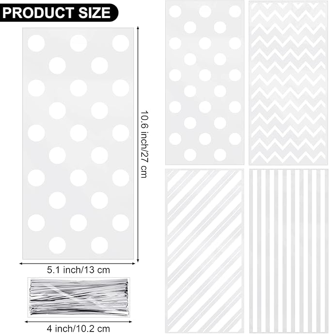 Aodaer 100 Pieces 10.6 x 5.1 In White Cellophane Bags Plastic Candy Gift Bag Cellophane Treat Bags with Twist Ties Stripes Polka Dot Printed Pattern Goodie Bag for Birthday Weddings Party Favors
