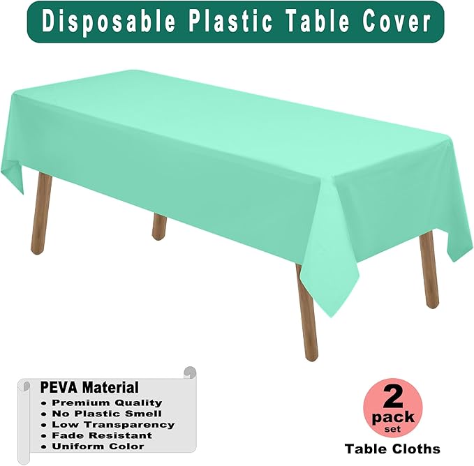 Fresh Mint Plastic Tablecloths 2 Pack Mint Green Disposable Table Covers 54 x 108 Inch. Baby Shower Party Tablecovers PEVA Table Cloths for Picnic Birthday Wedding Parties 8 ft Rectangle Table Use