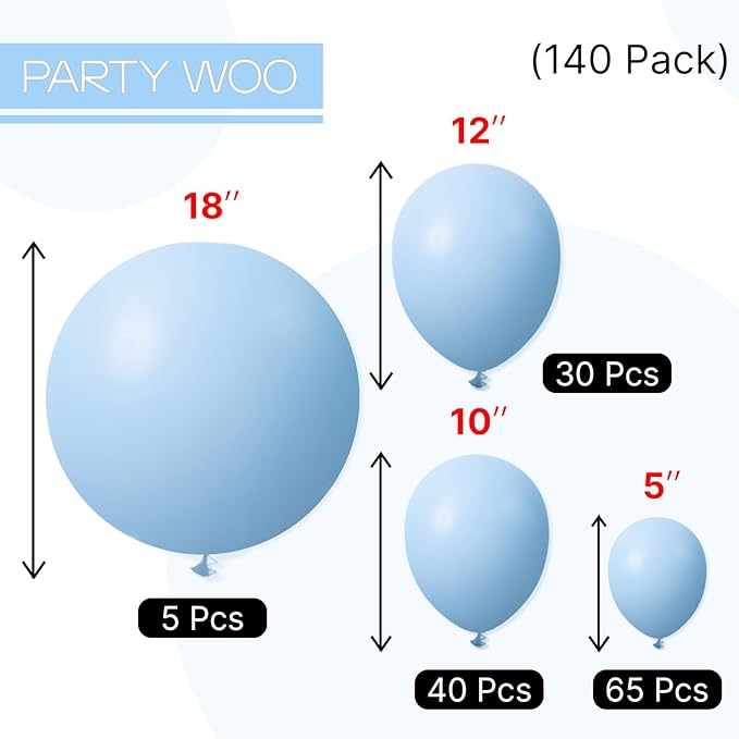 PartyWoo Light Blue Balloons 140 pcs Different Sizes of 18 12 10 5 Inch Baby Pastel Sky Blue Balloon Arch Kit Garland for Graduation Baby Shower Gender Reveal Birthday Party Decorations Blue-Y4
