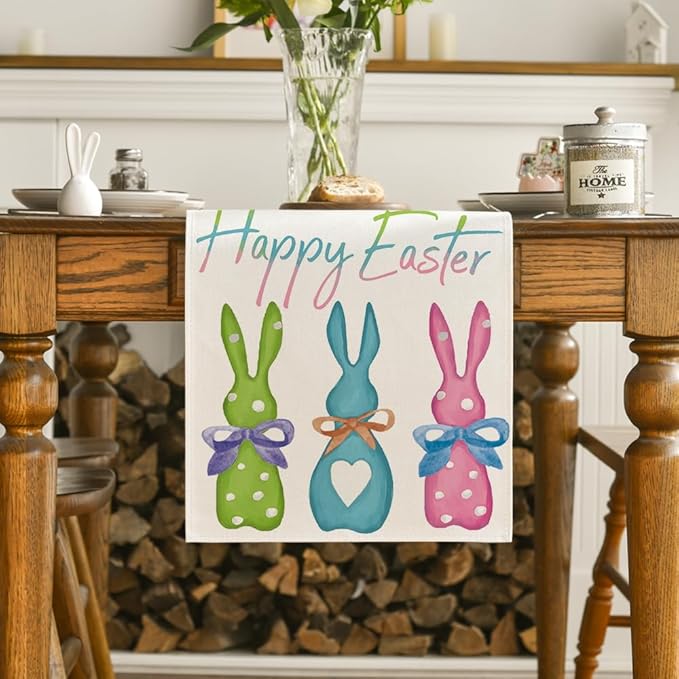 Artoid Mode Green Blue Pink Rabbit Bunny Happy Easter Table Runner, Seasonal Holiday Kitchen Dining Table Decoration for Home Party Decor 13 x 90 Inch