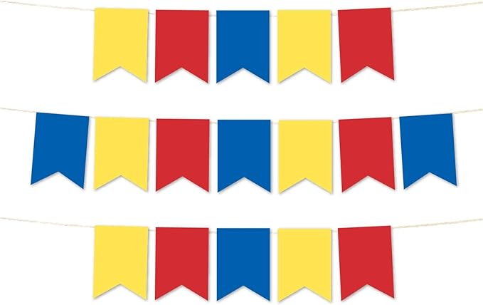 Andaz Press Hanging Pennant Banner with String, Red, Yellow, Royal Blue, 1-Set, 24 Pennants, Approx. 12-Feet Long, Kids Birthday Sesame Street Theme Colored Supplies