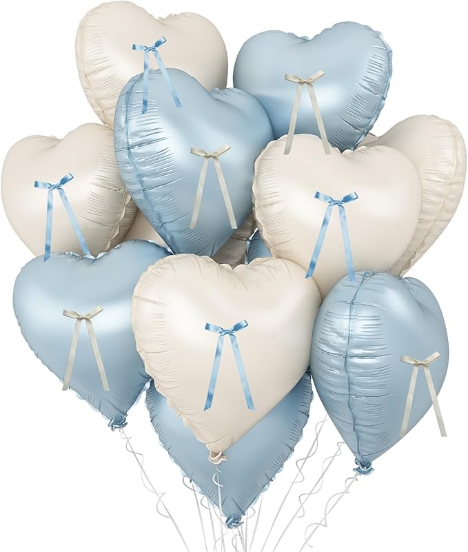 Blue White Heart Balloons with Ribbon Bow, 10 Pcs Baby Blue Cream Heart Shape Foil Balloons, 18 Inch Helium Balloon with Bow Decoration for Boy Baby Shower Baptism Brithday Bridal Shower Party Decor