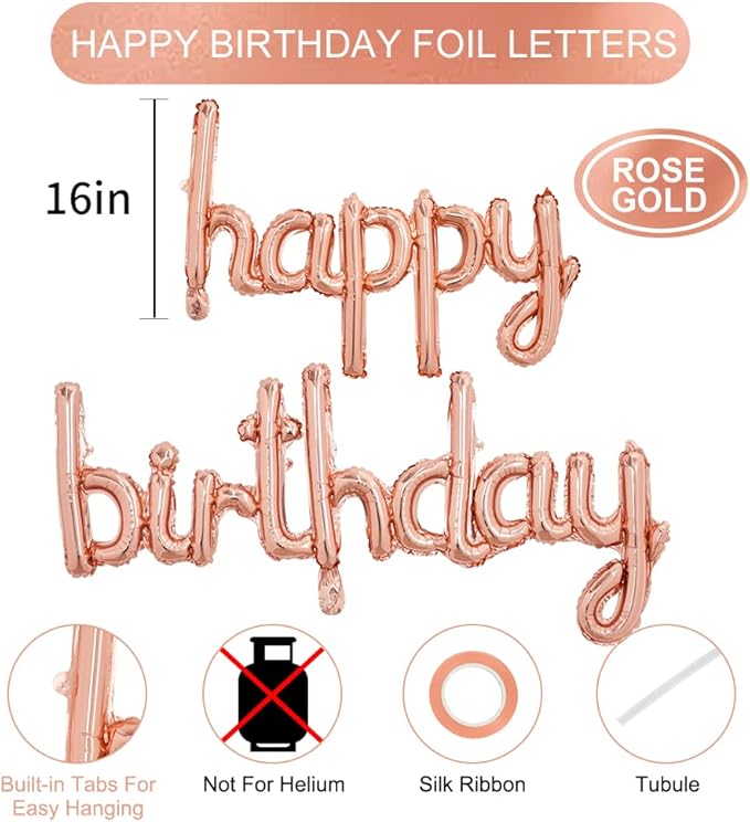 TONIFUL Rose Gold Happy Birthday Balloons Banner, 16 Inch Mylar Foil Script/Cursive Letters Birthday Sign Banner Balloon Reusable Material for Girls Boys Kids & Adults Birthday Decorations