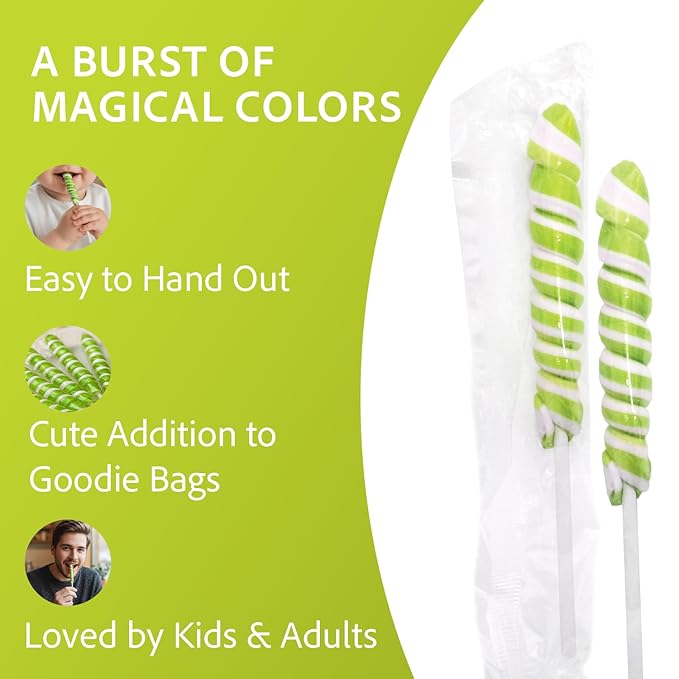 Adams & Brooks Bright Green Apple Mini Unicorn Pops, 10 oz Jar (24 ct.) - Twisty Unicorn Lollipops, Individually Wrapped Candy for Kids & Adults, Perfect for Birthday Party Favors, Goodie Bags, & More