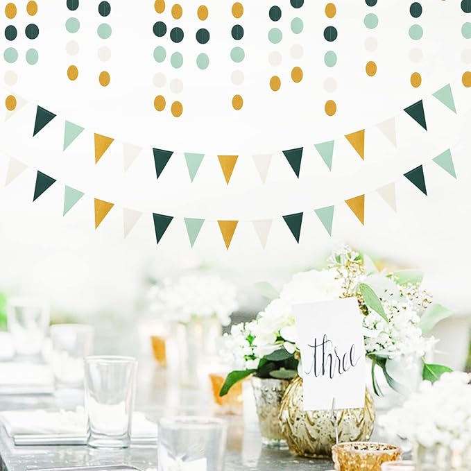 Sage Green Ivory Gold Pennant Banner,2 Pack Paper Triangle Flags,Baby Bridal Shower Safari Jungle Birthday Tropical Party Decorations Wedding Bachelorette Engagement Bunting Lasting Surprise