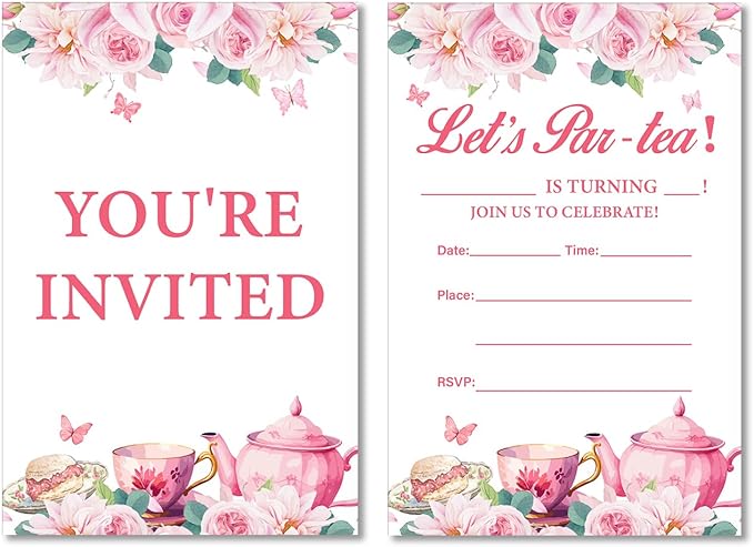 Soiceu Floral Tea Party Girl Birthday Invitations Pink Let's Par-tea Birthday Invites with Envelopes Set of 20