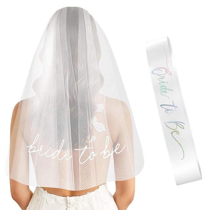 Iridescent Bride to Be Sash & White Embroidery Veil for Bachelorette Party, 2Pcs Bridal Veil and Sash Set for Women, Bach Party Favors Accessories for Wedding Bridal Showers Engagement Party Supplies
