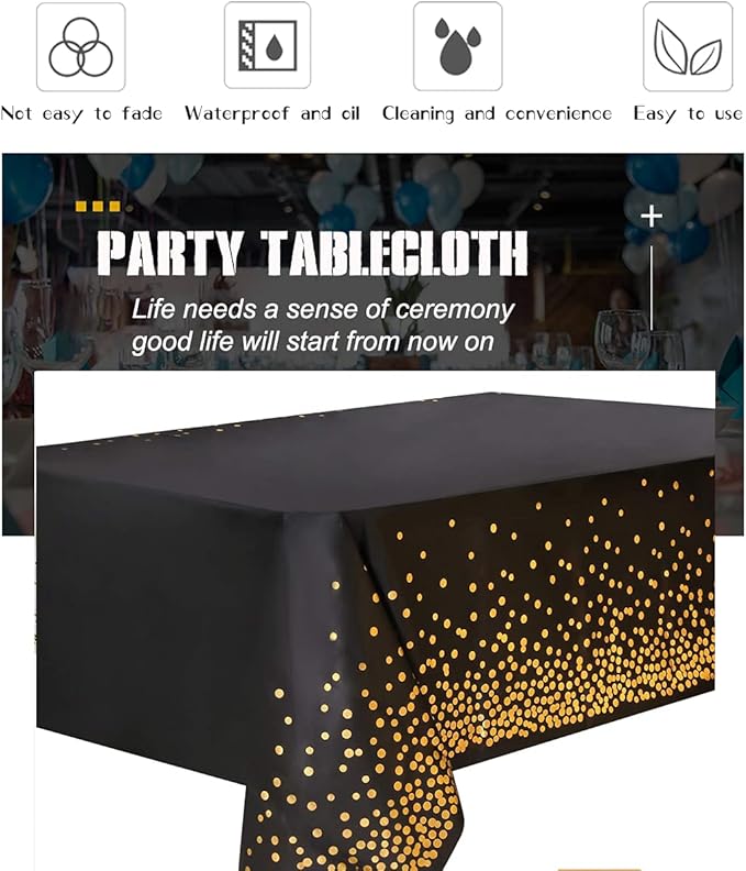 2 Pack Black Plastic Tablecloth Disposable Black and Gold Tablecloth for Rectangle Tables 54" x 108" Party Decorations Birthday Thanksgiving Christmas Valentines Wedding Outdoor BBQ Picnic (Black)