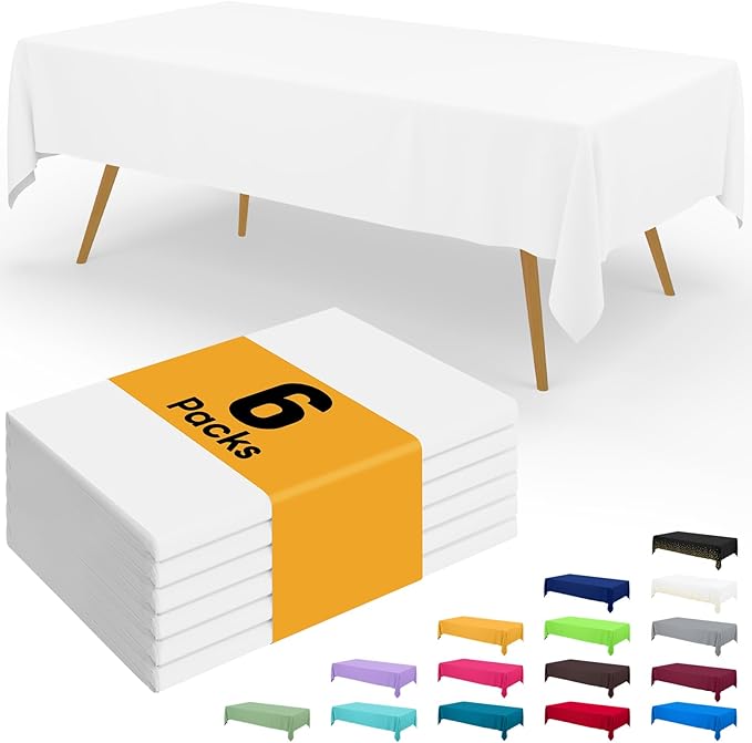 Smiry Disposable Table Cloth - 6 Pack, 54 x 78 Inch Waterproof Rectangle Tablecloths for Parties, Decorative Plastic Table Cover, Leakproof & Sturdy, White