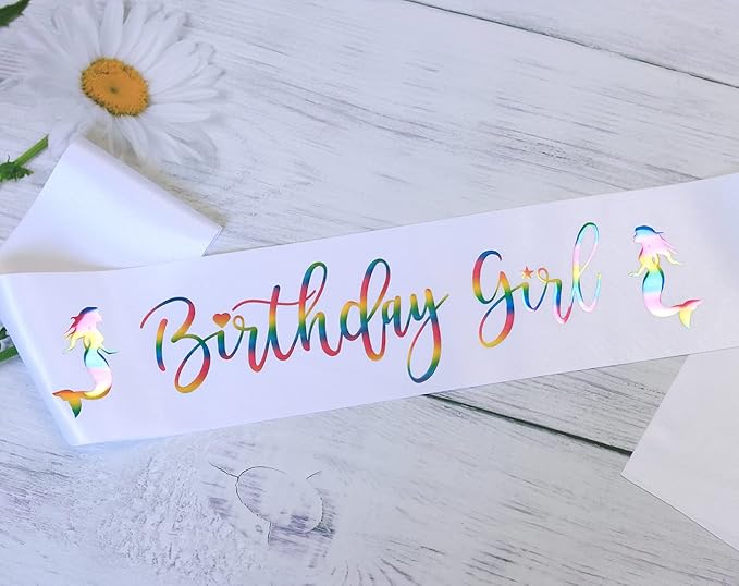 Birthday Girl Sash for Girls and Kids 5,6,7,8,9,10,11,12,13,14 Years Old,White Birthday Sash with Rainbow Color Lettering.