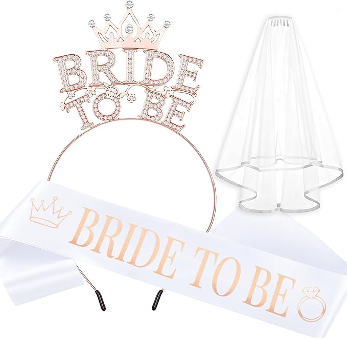 Bride To Be Accessories Set – Rhinestone Tiara Headband, Bride To Be Sash & Veil | Bachelorette Party Supplies, Bridal Shower Decorations, Bride Sash and Veil Set, Bride Accessories