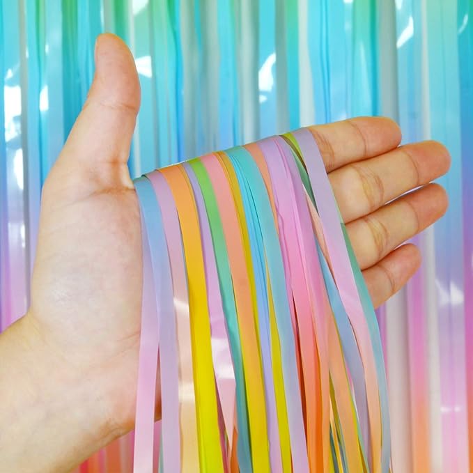 Melsan Pastel Tinsel Backdrop for Easter Decorations, Macaron Rainbow Foil Fringe Curtains 3.2 ft x 8.2 ft for Birthday Party Photo Booth Props Decoration, 2 Pack