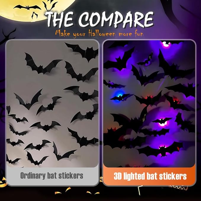 2025 New Halloween 3D Lighted Bats, LED Purple Lighted 3D Bats Halloween Decoration, Upgrade LED Glowing Bat Group Hanging Wall Luminous Glow Clings Multipack (12Pcs Black)