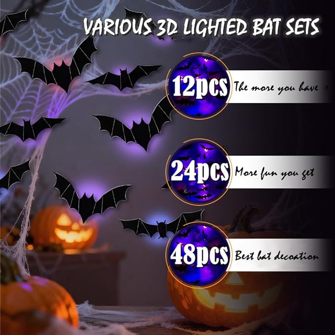 2025 New Halloween 3D Lighted Bats, LED Purple Lighted 3D Bats Halloween Decoration, Upgrade LED Glowing Bat Group Hanging Wall Luminous Glow Clings Multipack (48Pcs Black)